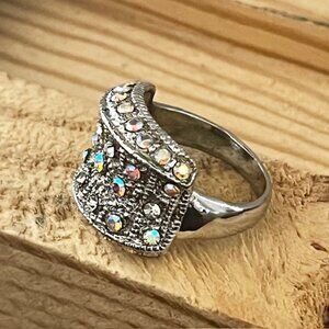 Lia Sophia Ring Crystal Statement Cocktail Silver Tone Sparkle Size 7 3/4